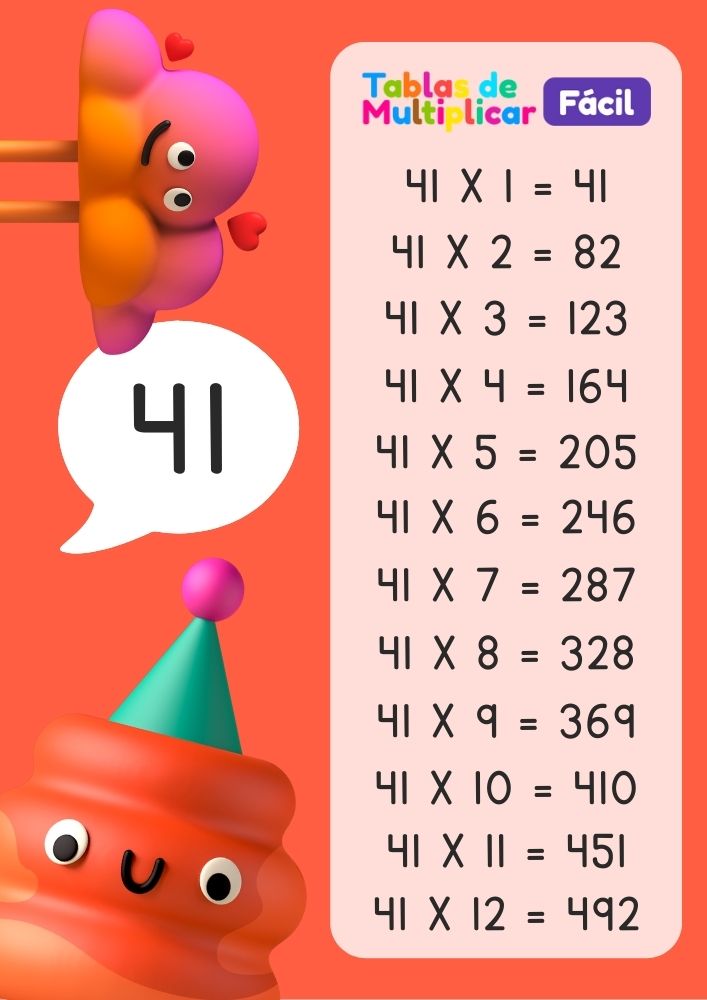 Tabla del 41 para niños, descargar PDF para imprimir